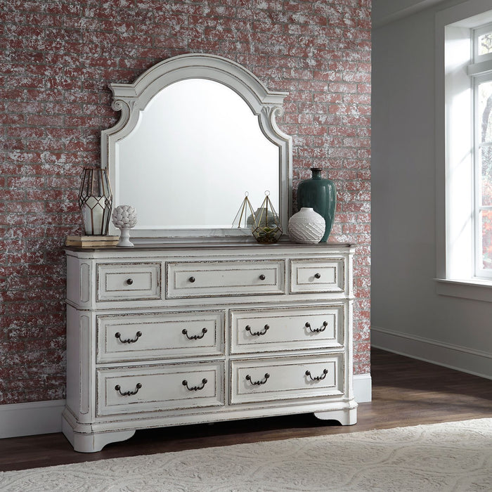 Magnolia Manor - King California Upholstered Bed, Dresser & Mirror