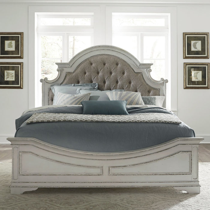 Magnolia Manor - King California Upholstered Bed, Dresser & Mirror, Chest