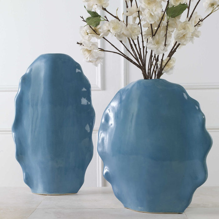 RUFFLED FEATHERS VASES, BLUE, S/2