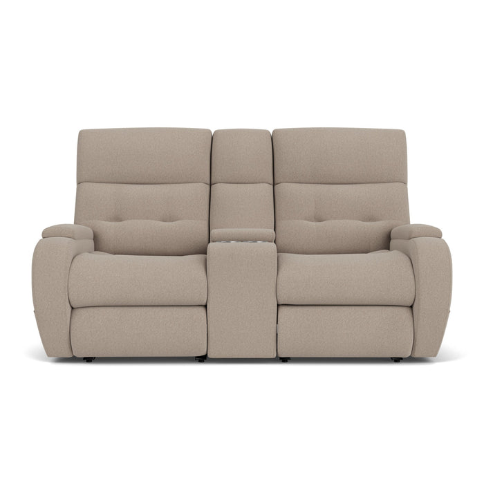 Strait Leather Power Reclining Loveseat with Console & Power Headrests